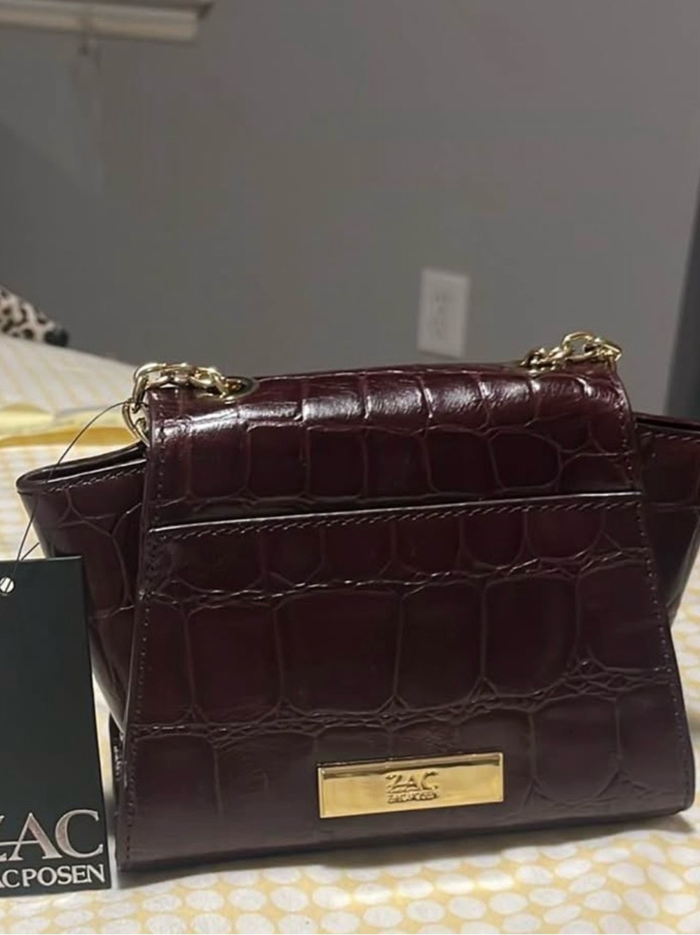 ZAC Zac Posen Croc-Embossed Chain Strap Shoulder Bag in Deep Burgundy